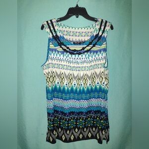 Chic Blue Patterned Sleeveless Blouse